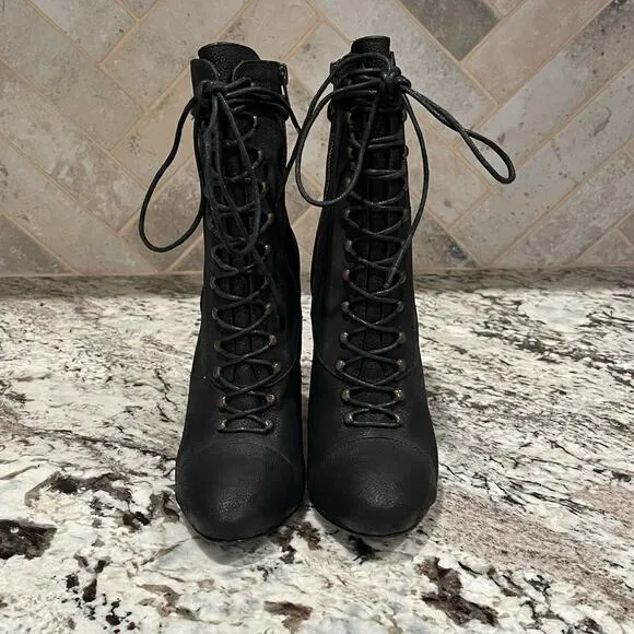 JOIE Break On Through Black Leather Wedge Lace-Up Midi Boots Size 37