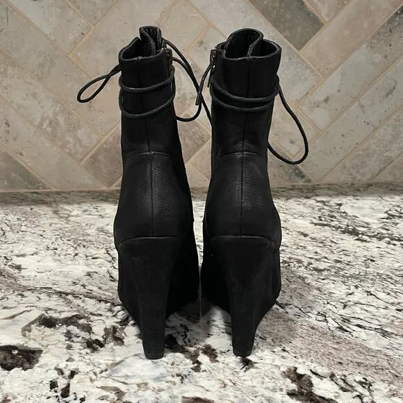 JOIE Break On Through Black Leather Wedge Lace-Up Midi Boots Size 37