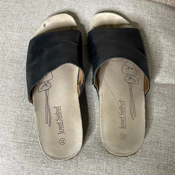 Josef Seibel Sandals US 11 EU 42 Tonga 51 Slides Slip-On Shoes Black Leather