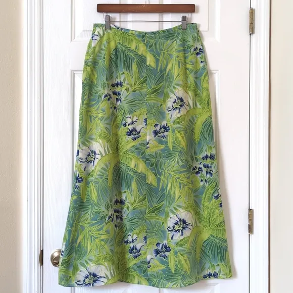 Josephine Chaus 90's Vintage Tropical Floral Silk High Waist Midi Skirt Green 10