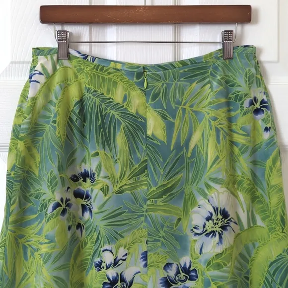 Josephine Chaus 90's Vintage Tropical Floral Silk High Waist Midi Skirt Green 10