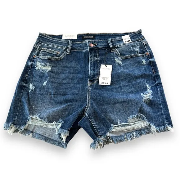 Judy Blue Hot Girl Summer Dark Wash Destroyed Fray Hem Shorts Size 2X NWT