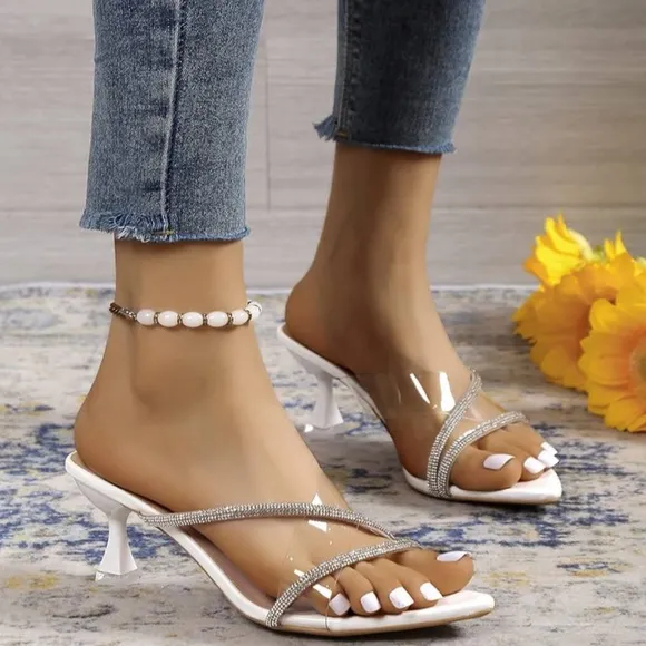 JUEBONG • Clear Pointed Transparent Strappy Slip on Mules Shoes Heels
