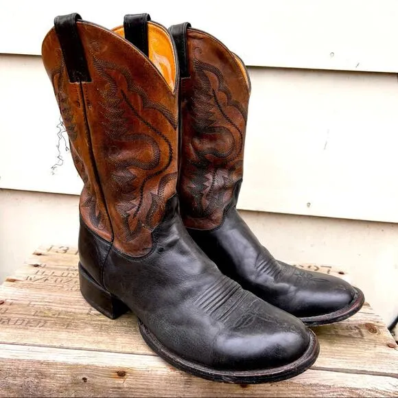 Justin 9 1/2 EE black round toe leather sole western cowboy boots
