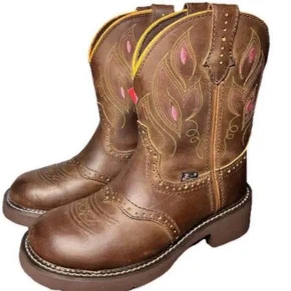 Justin Gemma GY9526 Gypsy Womens Cowboy Boots Brown Leather Pink Stitching SZ 7