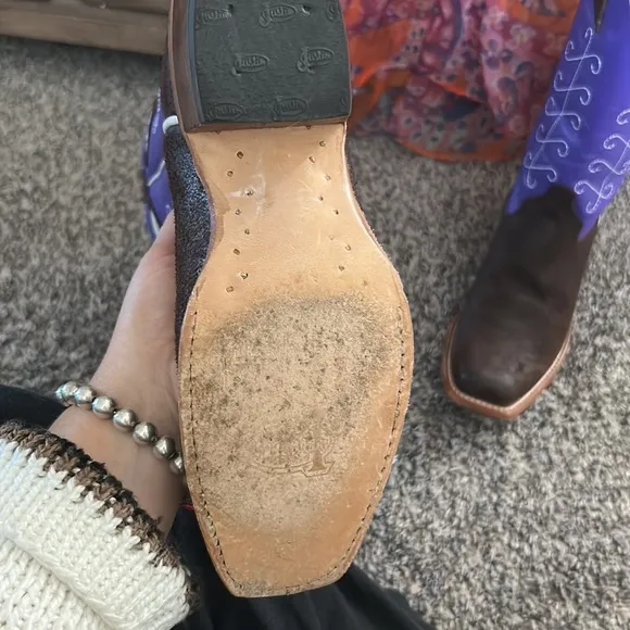 Justin suede chocolate and purple leather country western boots 6.5