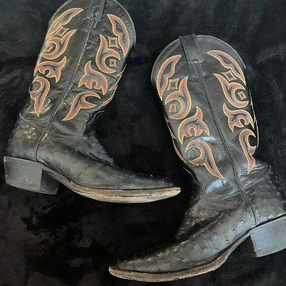 Justin western‎ boot black full quill ostrich with red trim, size 8 1/2D