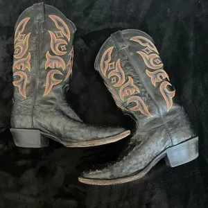 Justin western‎ boot black full quill ostrich with red trim, size 8 1/2D