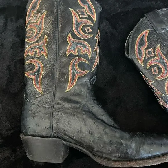 Justin western‎ boot black full quill ostrich with red trim, size 8 1/2D