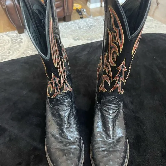 Justin western‎ boot black full quill ostrich with red trim, size 8 1/2D