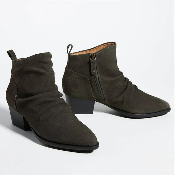 Kelsi Dagger Brooklyn Ego Suede Ankle Boots Olive Green Point Toe Block Heel 9