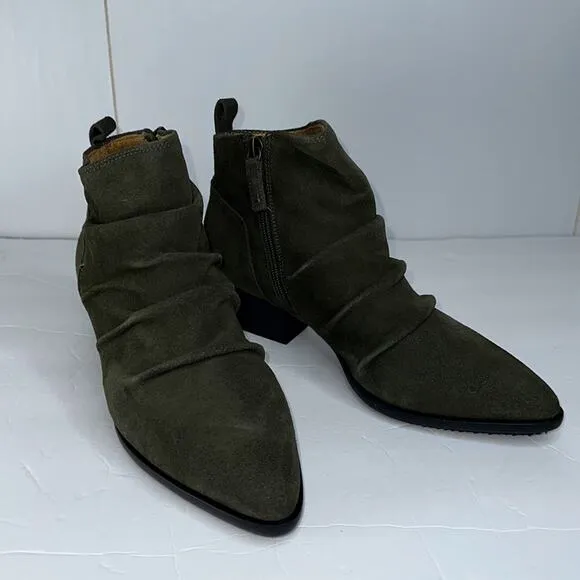 Kelsi Dagger Brooklyn Ego Suede Ankle Boots Olive Green Point Toe Block Heel 9