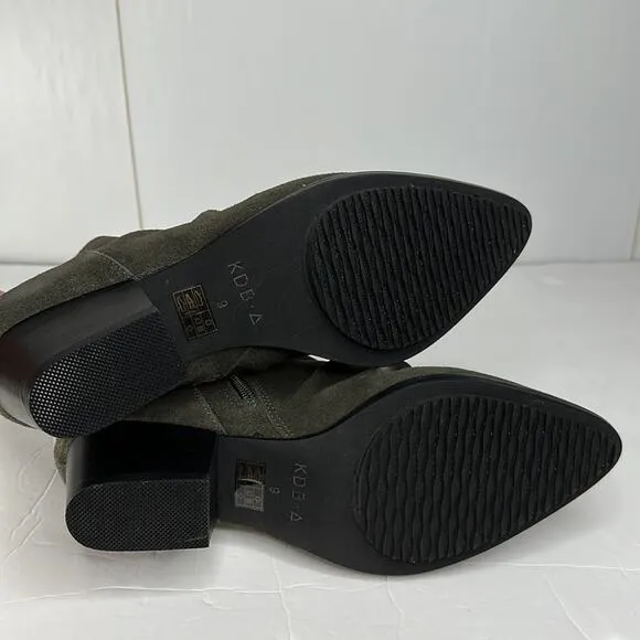 Kelsi Dagger Brooklyn Ego Suede Ankle Boots Olive Green Point Toe Block Heel 9