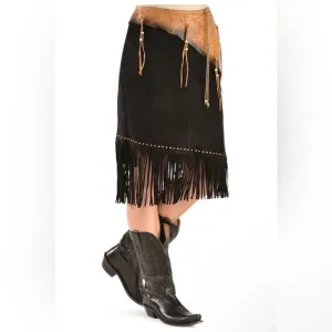 KOBLER LEATHER WOMEN'S LEATHER &amp; FRINGE SIOUX SUEDE SKIRT Size M EUC