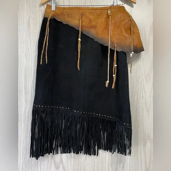 KOBLER LEATHER WOMEN'S LEATHER &amp; FRINGE SIOUX SUEDE SKIRT Size M EUC