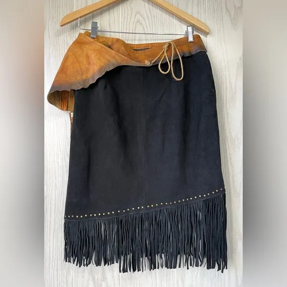 KOBLER LEATHER WOMEN'S LEATHER &amp; FRINGE SIOUX SUEDE SKIRT Size M EUC