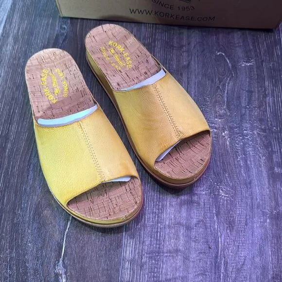 Kork-Ease Women's Tutsi Leather Slip-On Flat Slide Sandal in Yellow Size 7M