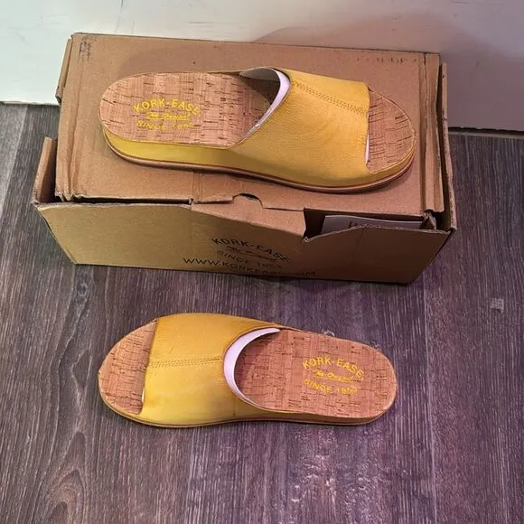 Kork-Ease Women's Tutsi Leather Slip-On Flat Slide Sandal in Yellow Size 7M