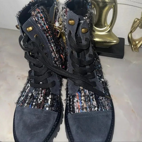 KURT GEIGER Womens Kensington Tweed Suede Combat Boots Blue Multi Size 40.5