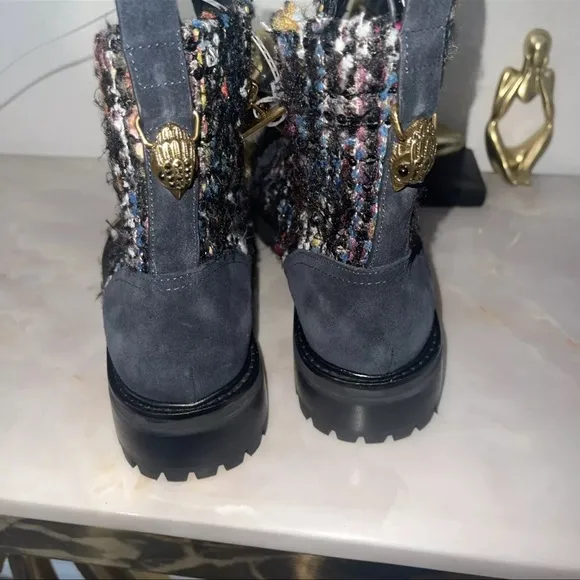 KURT GEIGER Womens Kensington Tweed Suede Combat Boots Blue Multi Size 40.5