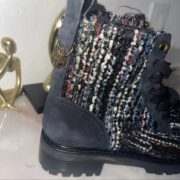 KURT GEIGER Womens Kensington Tweed Suede Combat Boots Blue Multi Size 40.5