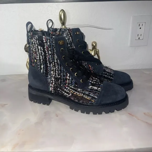 KURT GEIGER Womens Kensington Tweed Suede Combat Boots Blue Multi Size 40.5