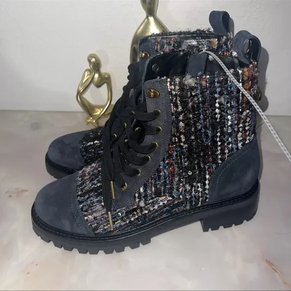KURT GEIGER Womens Kensington Tweed Suede Combat Boots Blue Multi Size 40.5