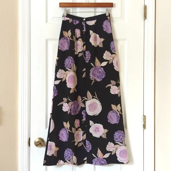 La Belle 90's Vintage Lightweight Floral High Waist Straight Maxi Skirt Black 5