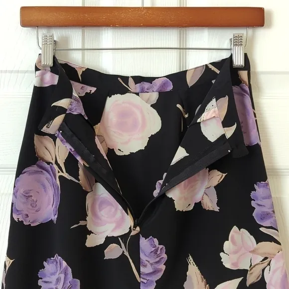 La Belle 90's Vintage Lightweight Floral High Waist Straight Maxi Skirt Black 5