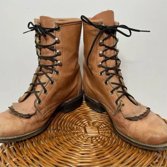 Laredo Vintage Leather Lace Up Roper Granny Paddock Fringe Tan Cowgirl Boots 6.5
