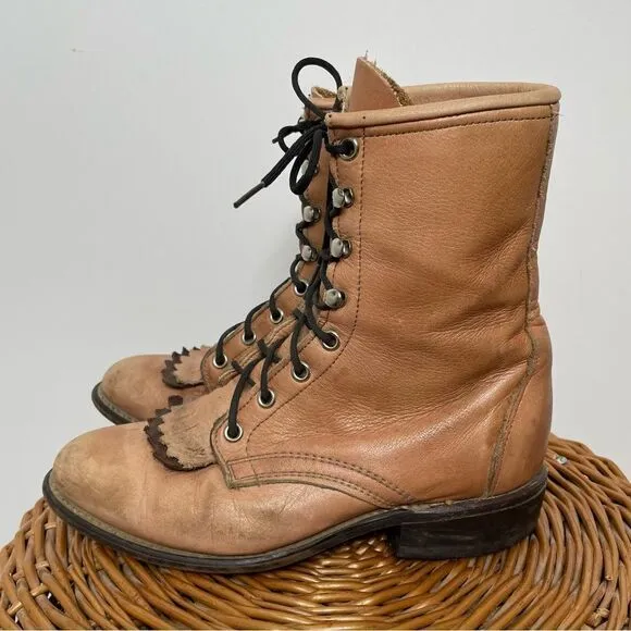 Laredo Vintage Leather Lace Up Roper Granny Paddock Fringe Tan Cowgirl Boots 6.5