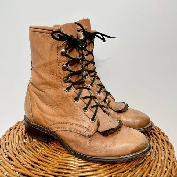 Laredo Vintage Leather Lace Up Roper Granny Paddock Fringe Tan Cowgirl Boots 6.5