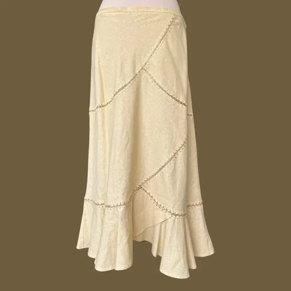 Linen-Blend Ruffle Hem Skirt – Soft Yellow Midi - Emma James