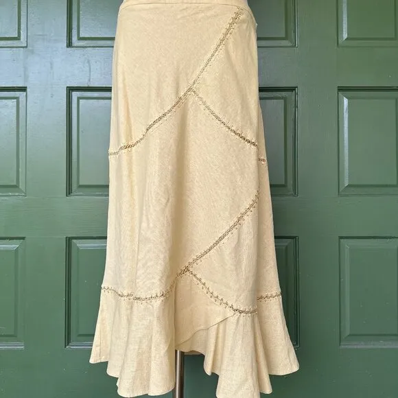 Linen-Blend Ruffle Hem Skirt – Soft Yellow Midi - Emma James