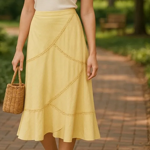 Linen-Blend Ruffle Hem Skirt – Soft Yellow Midi - Emma James