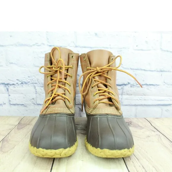 LL Bean Brown Leather 8&quot; Lace Up Round Toe Unlined Ankle Duck Boots Size 10 M