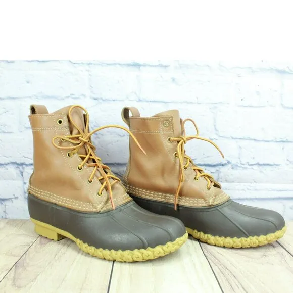 LL Bean Brown Leather 8&quot; Lace Up Round Toe Unlined Ankle Duck Boots Size 10 M