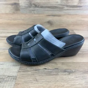L.L. Bean Womens 274908 Wedge Heel Slip On Leather Black Slide Sandals S…