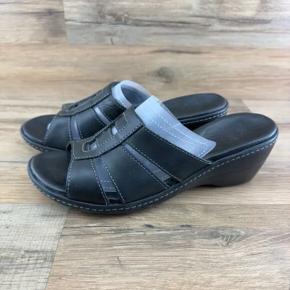 L.L. Bean Womens 274908 Wedge Heel Slip On Leather Black Slide Sandals S…