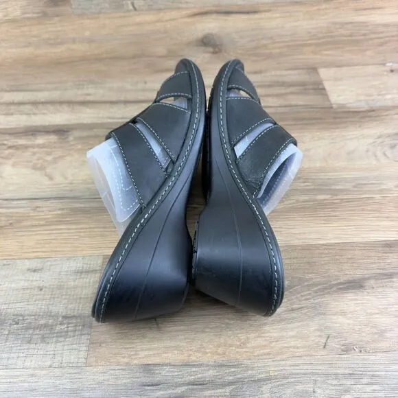 L.L. Bean Womens 274908 Wedge Heel Slip On Leather Black Slide Sandals S…