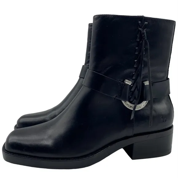 Lucky Brand Boots Kamany Sz 8.5 Braided Black Leather Moto Western Casual Womens