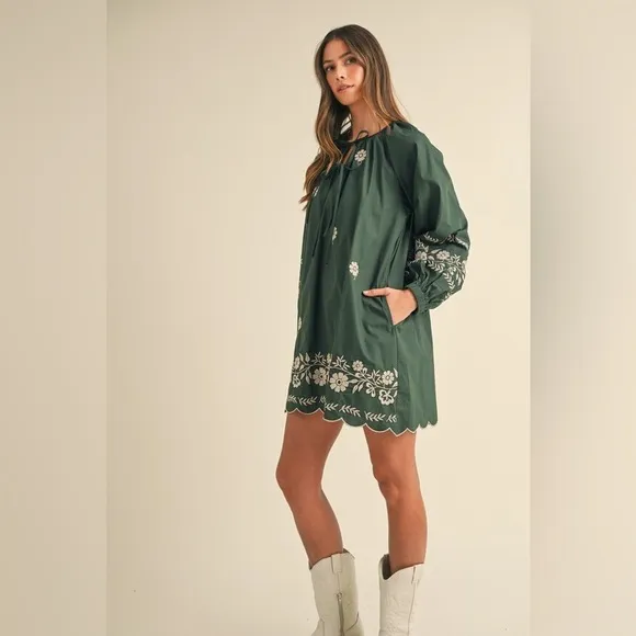 MABLE Embroidered Long Sleeve Peasant Mini Dress