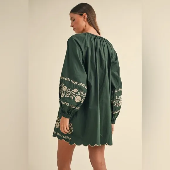 MABLE Embroidered Long Sleeve Peasant Mini Dress