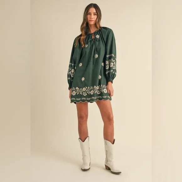 MABLE Embroidered Long Sleeve Peasant Mini Dress