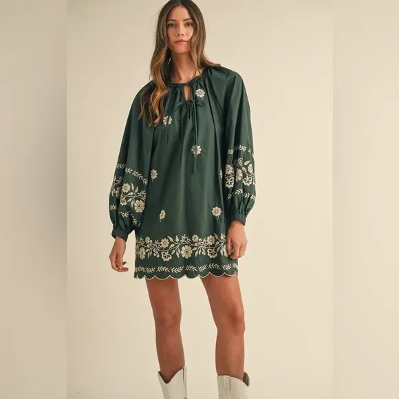 MABLE Embroidered Long Sleeve Peasant Mini Dress