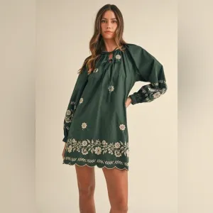 MABLE Embroidered Long Sleeve Peasant Mini Dress