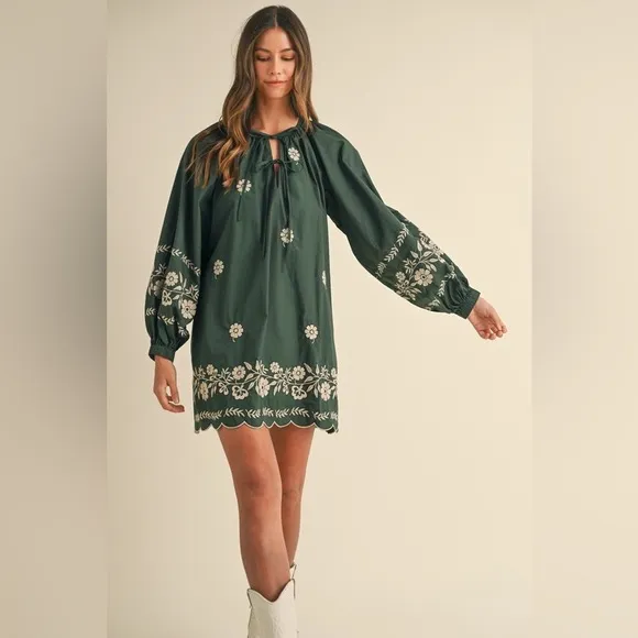 MABLE Embroidered Long Sleeve Peasant Mini Dress