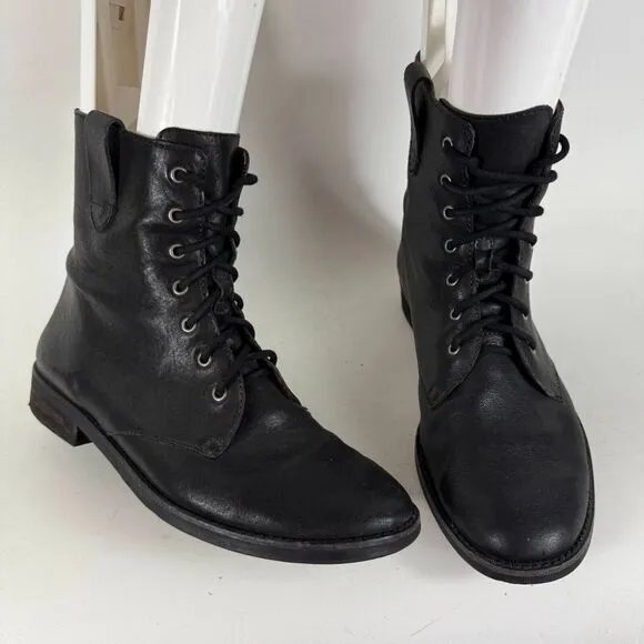 Madewell Ankle Combat Boots Women's 8.5 Black Leather Lace Up Back Zip Round Toe