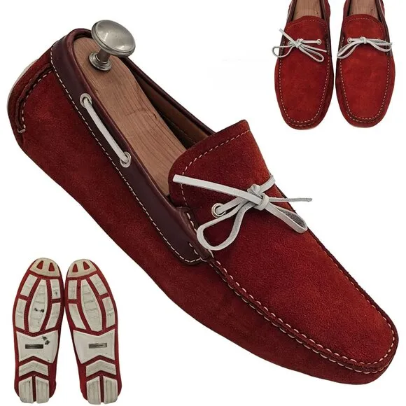Magnanni Driving Loafers Men's 10.5M Red White Suede Leather Dress Casual Shoes