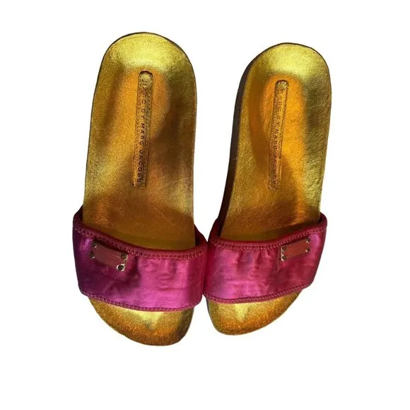Marc By Marc Jacobs Logo Tag‎ Slides Metallic Pink Sandals Shoes Sz 8 #S46-8